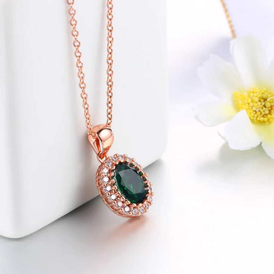 Elegant Created Rose Gold Color Green Crystal Pendant Necklace