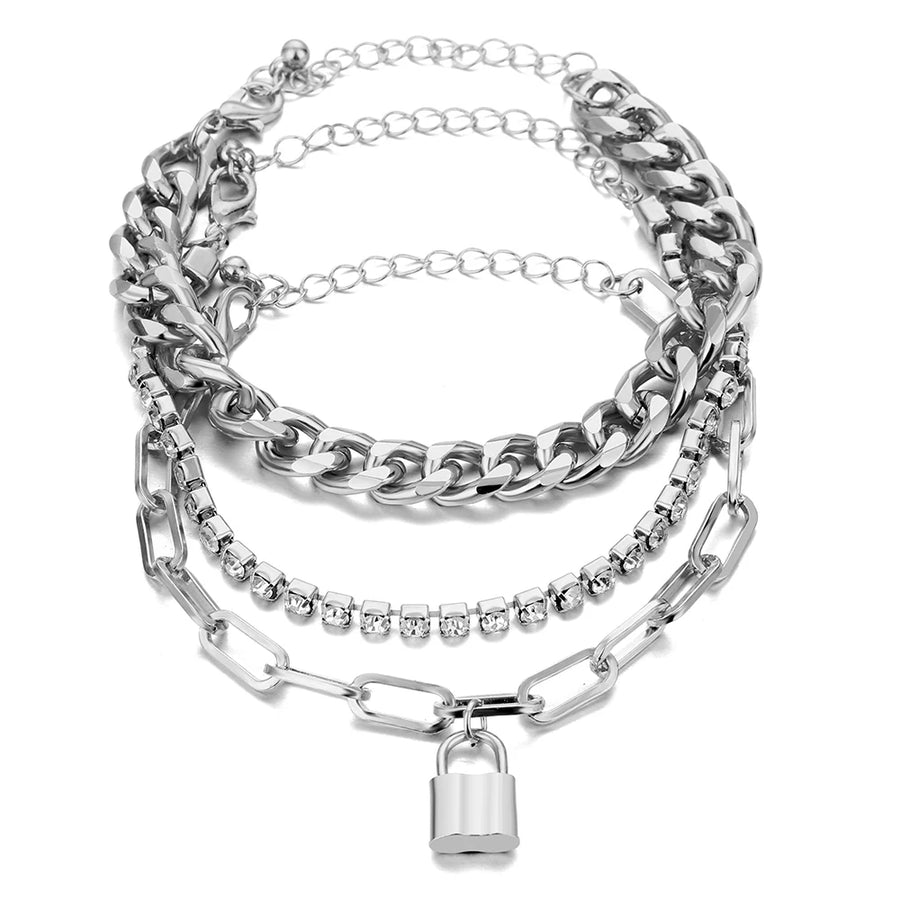 Punk Heavy Metal Crystal Lock Pendant Bracelet Set