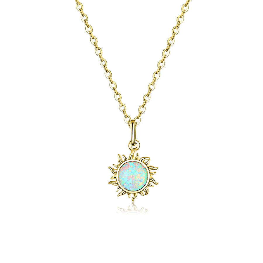 925 Sterling Silver White Opal Sun Pendant Necklace