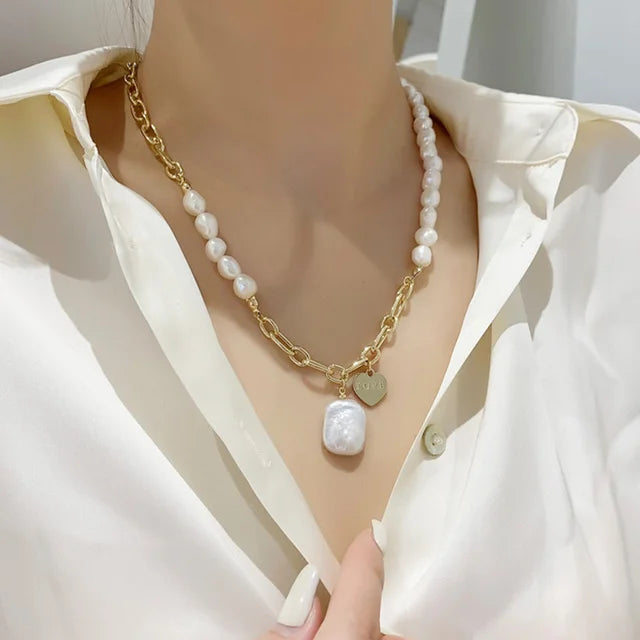 Layered Pearl Thick Chains Pendant Necklace