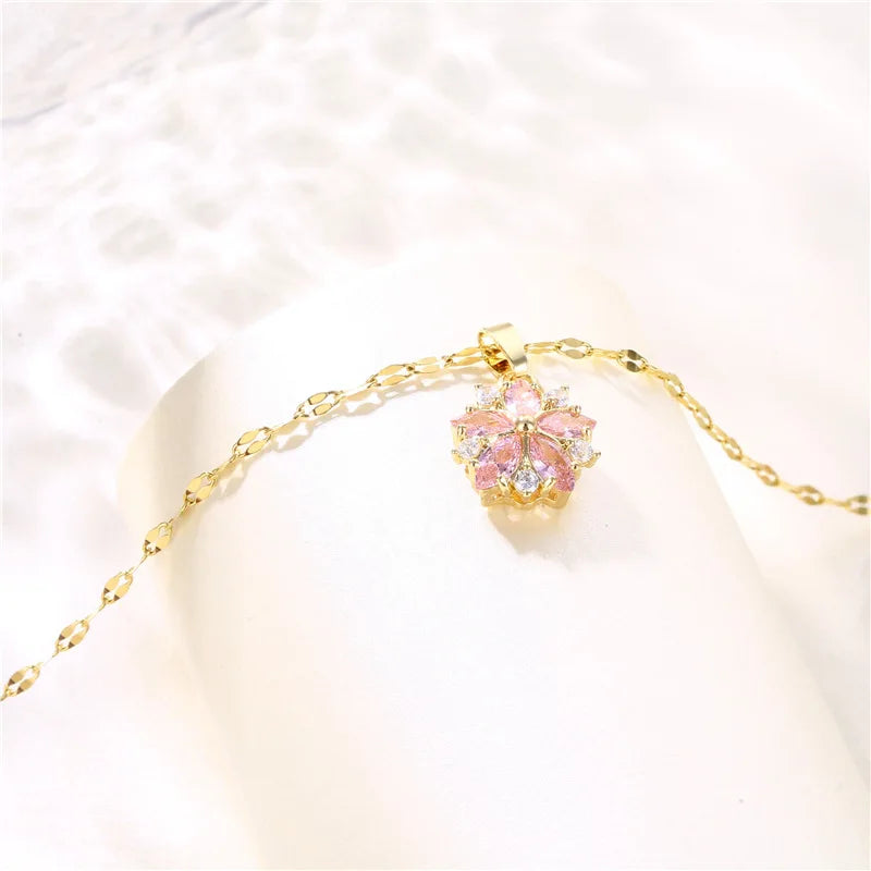 Pink Crystal Sakura Pendant Necklace