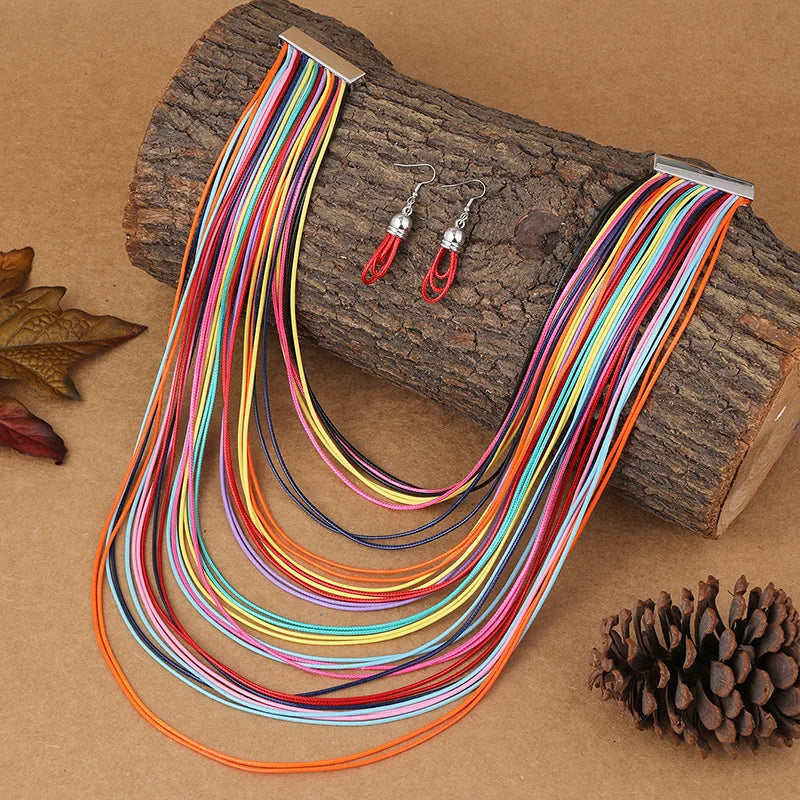 Multilayer Leather Pendant Necklace and Earrings