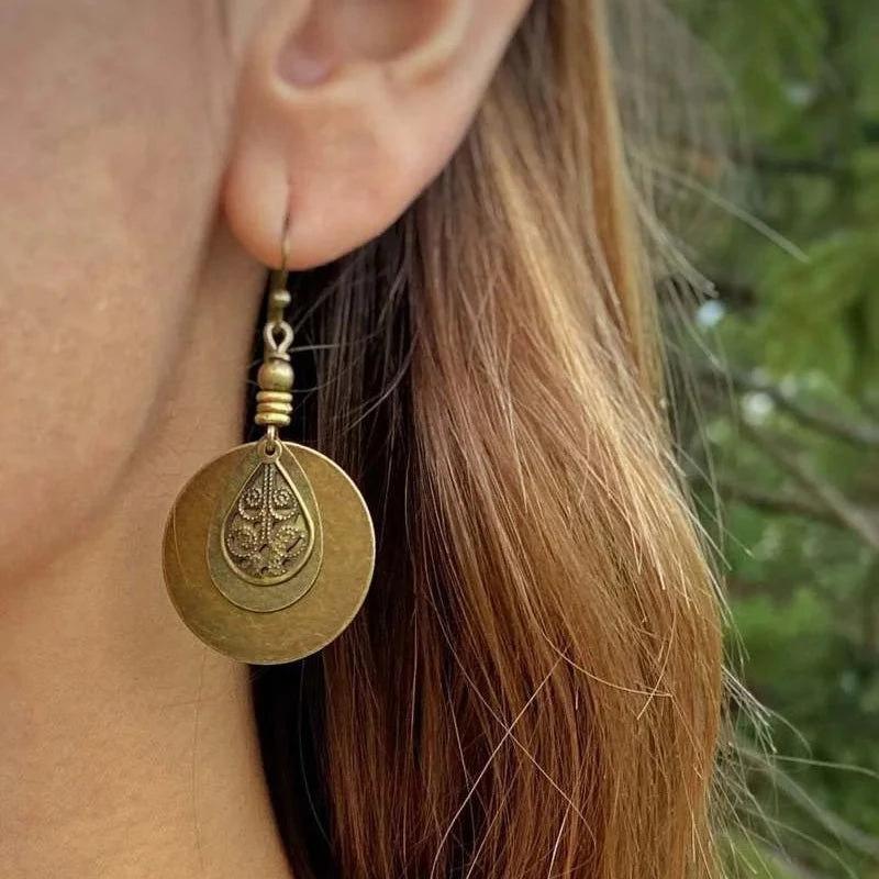 Ethnic Round Bronze Carved Earrings