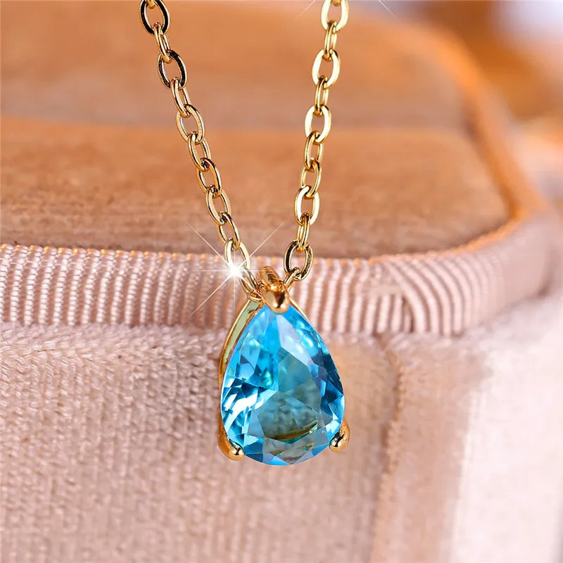 Trendy Blue Water Drop Rhinestones Necklace