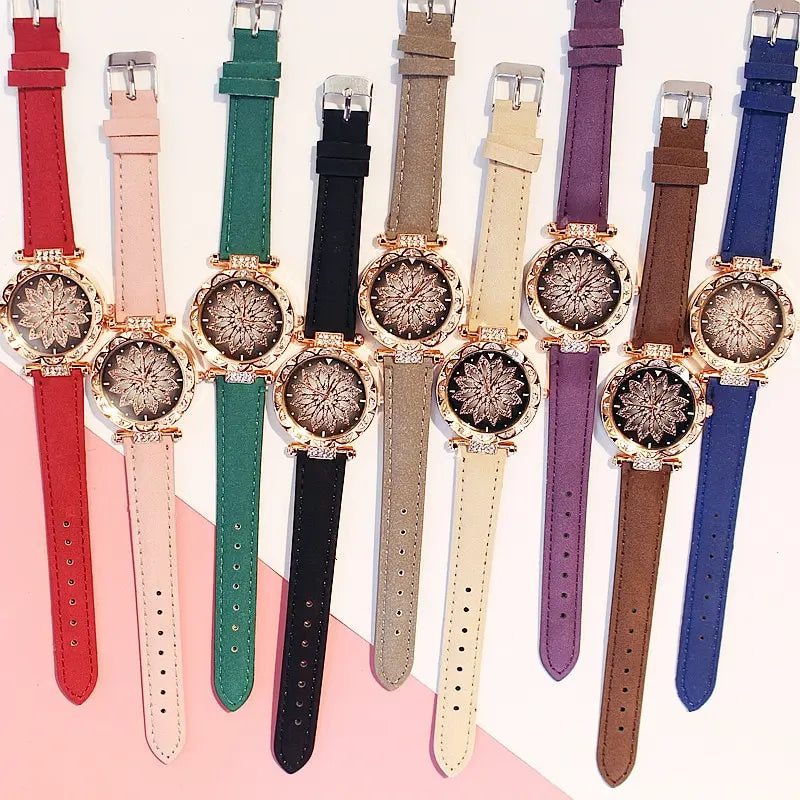 Lucky Flower Luxury Ladies Rhinestone Watches Bracelet Set