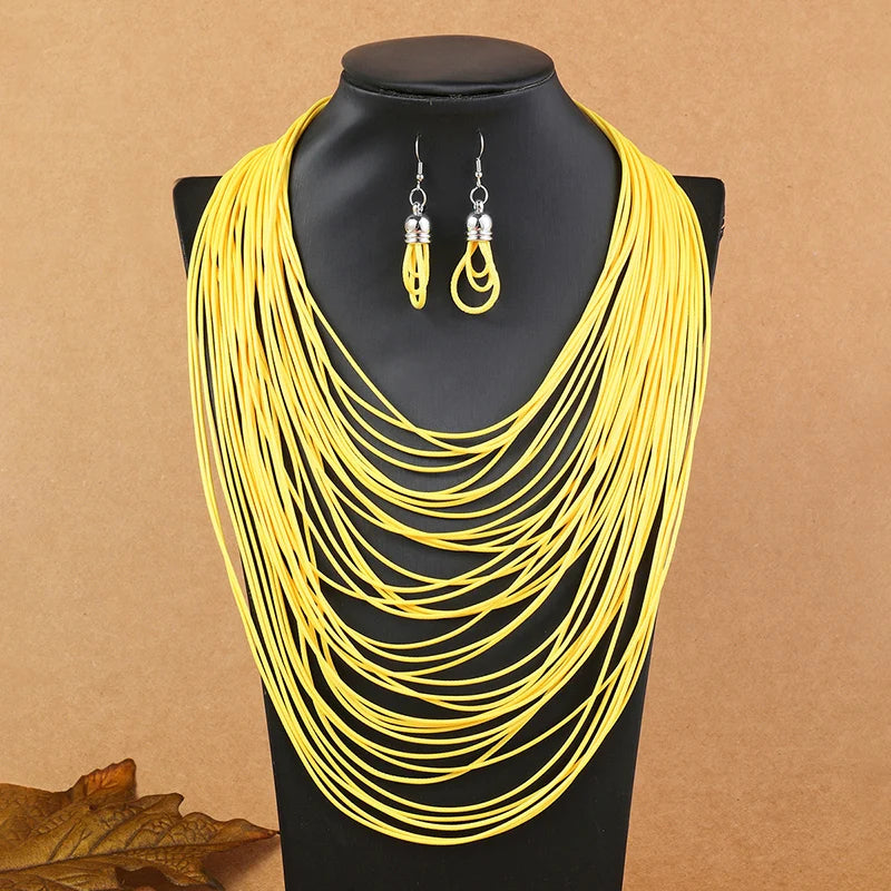 Multilayer Leather Pendant Necklace and Earrings