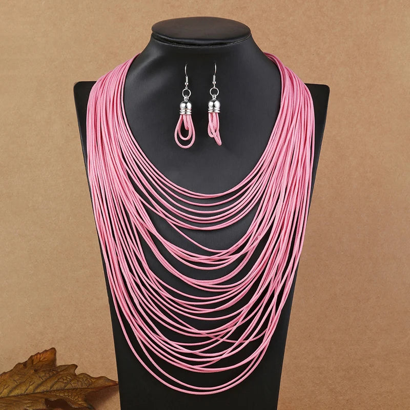 Multilayer Leather Pendant Necklace and Earrings