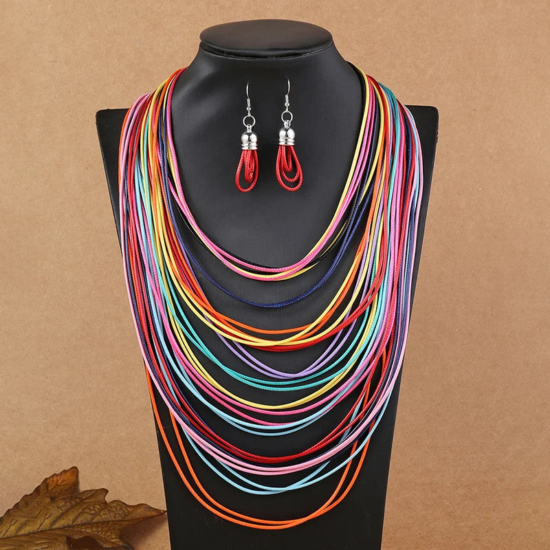 Multilayer Leather Pendant Necklace and Earrings