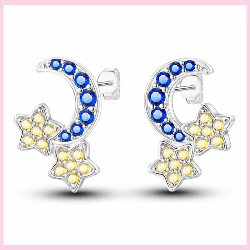 Sparkling Blue Zircon Star Moon Stud Earrings