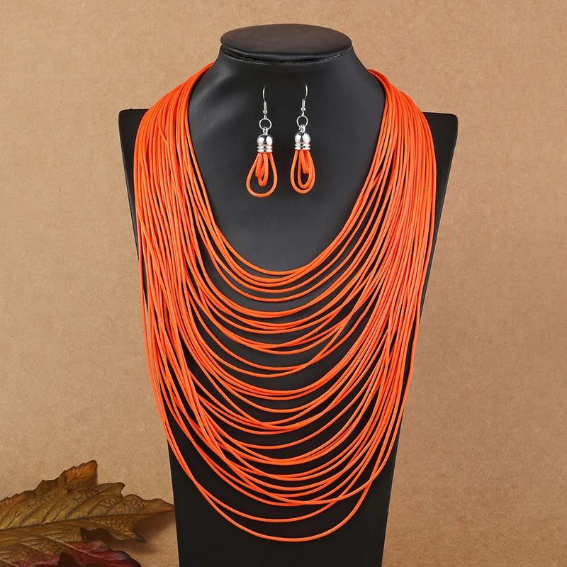 Multilayer Leather Pendant Necklace and Earrings