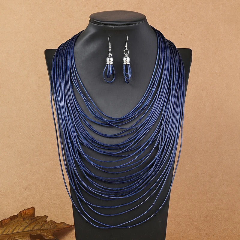 Multilayer Leather Pendant Necklace and Earrings