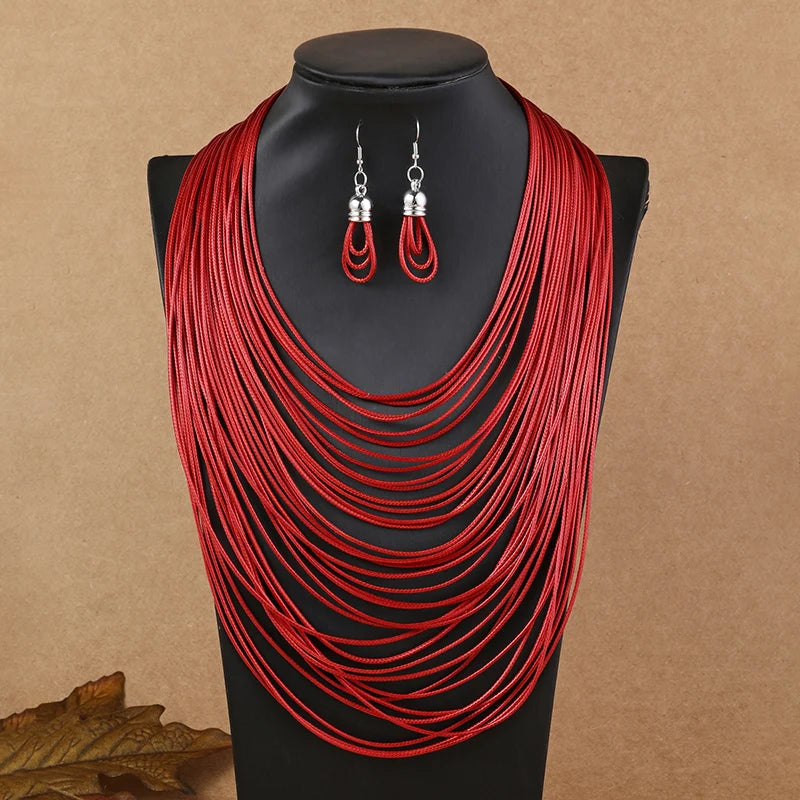 Multilayer Leather Pendant Necklace and Earrings