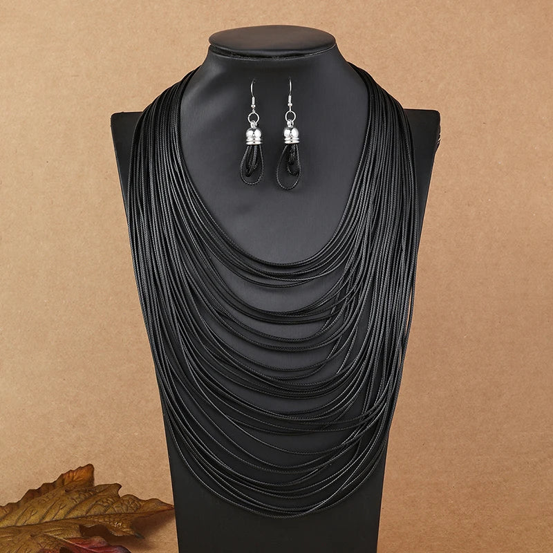 Multilayer Leather Pendant Necklace and Earrings