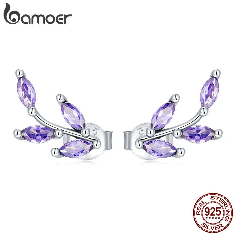 Genuine 925 Sterling Silver Purple Branch Stud Earrings