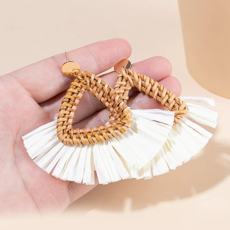 Rattan Raffia Tassel Pendant Earrings