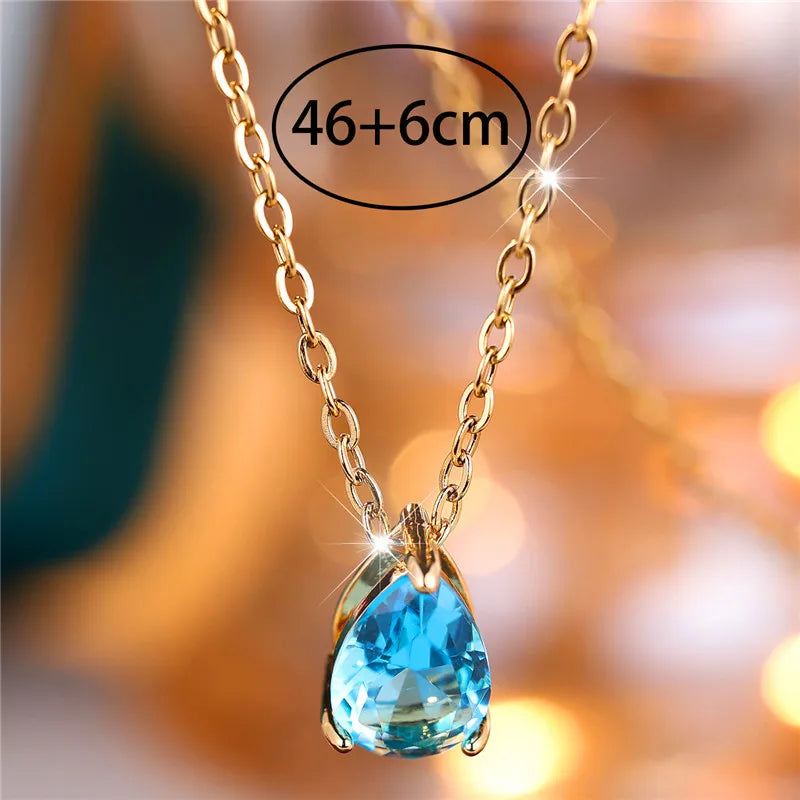 Trendy Blue Water Drop Rhinestones Necklace