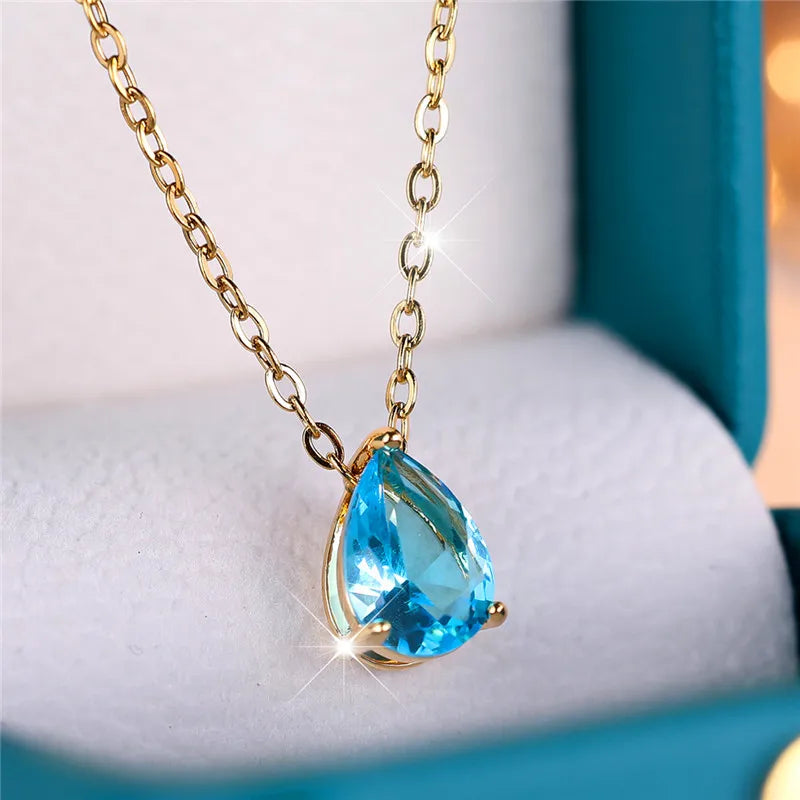 Trendy Blue Water Drop Rhinestones Necklace