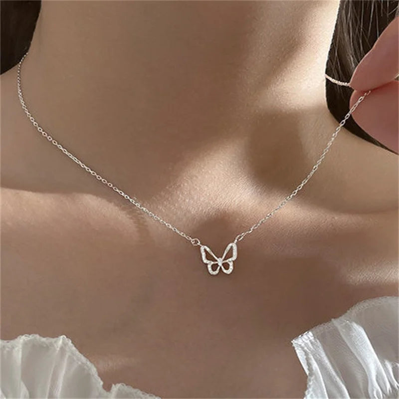 Silver Color Shiny Butterfly Necklace