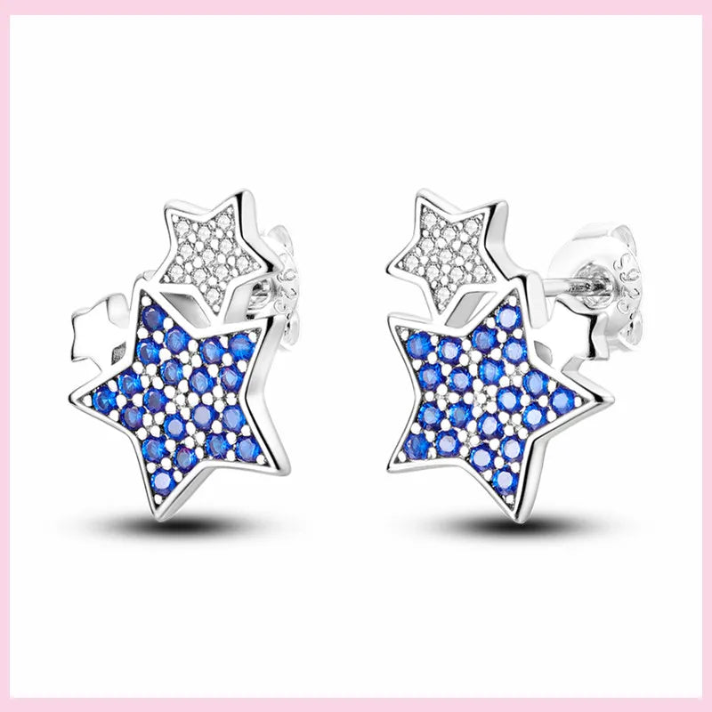 Sparkling Blue Zircon Star Moon Stud Earrings