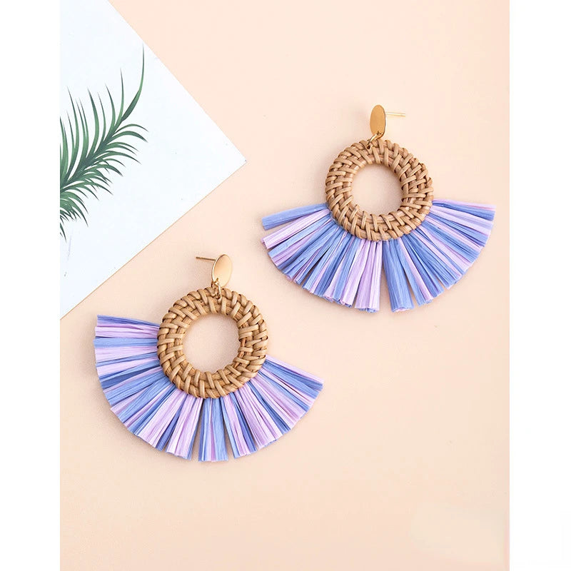 Rattan Raffia Tassel Pendant Earrings