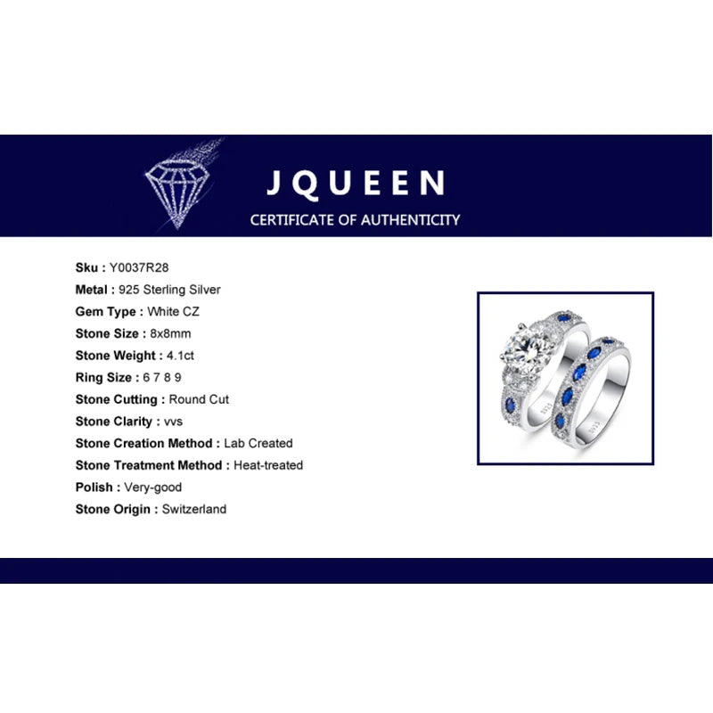 White CZ & Sapphire Solid Real 925 Sterling Silver Ring Set