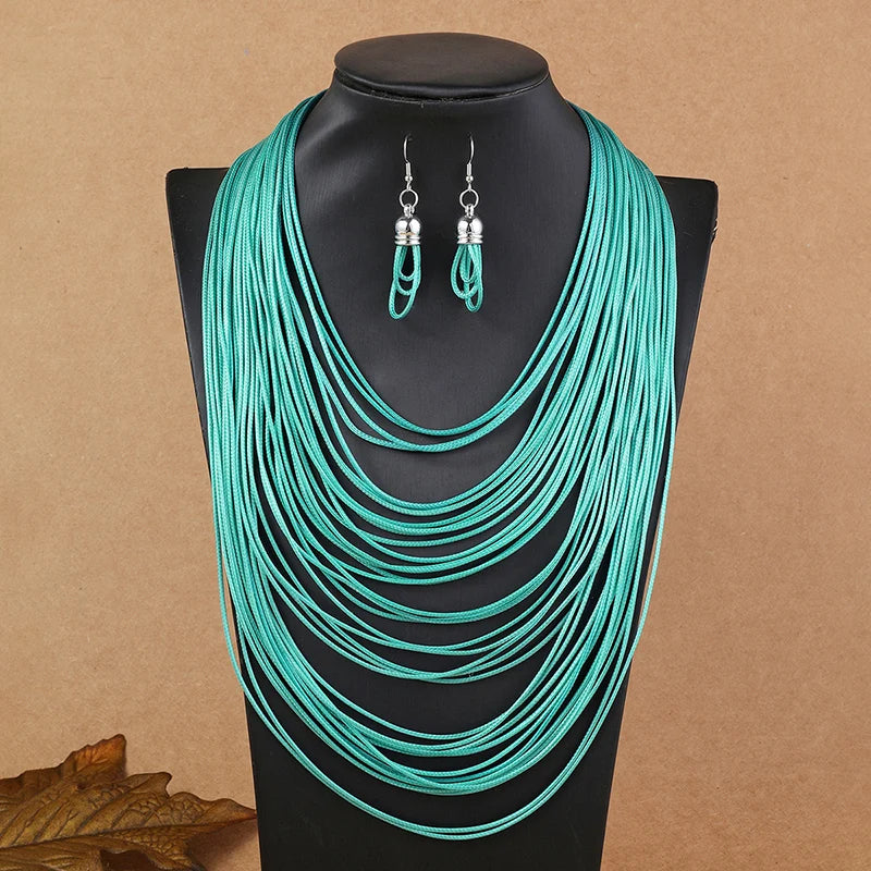 Multilayer Leather Pendant Necklace and Earrings